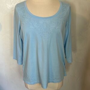 NWT Talbots cotton L-Blue V-Neck Top w/embroidered detail & 3/4 sleeves Size 2X
